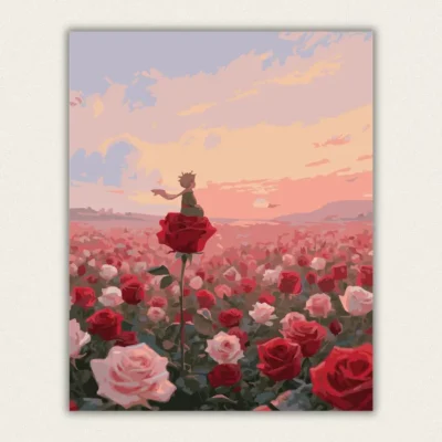 Finished Little Prince and giant rose paint by numbers canvas at sunset