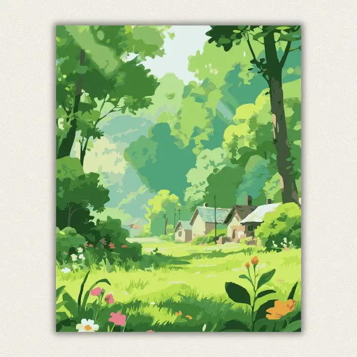 Finished lush green forest village paint by numbers canvas