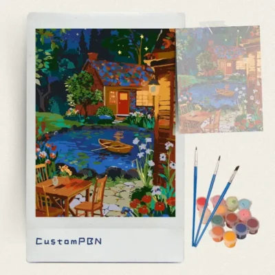 Starry night cottage paint by numbers kit with 24 colors and brushes