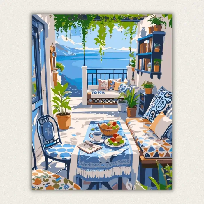 Finished Mediterranean ocean balcony paint by numbers canvas art