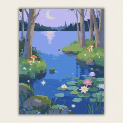 Finished moonlit lake and water lilies paint by numbers canvas art