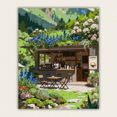 Finished mountain cafe and nature landscape paint by numbers canvas art