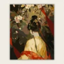 Finished DIY wall art of an elegant Asian woman in traditional yellow dress under cherry blossoms
