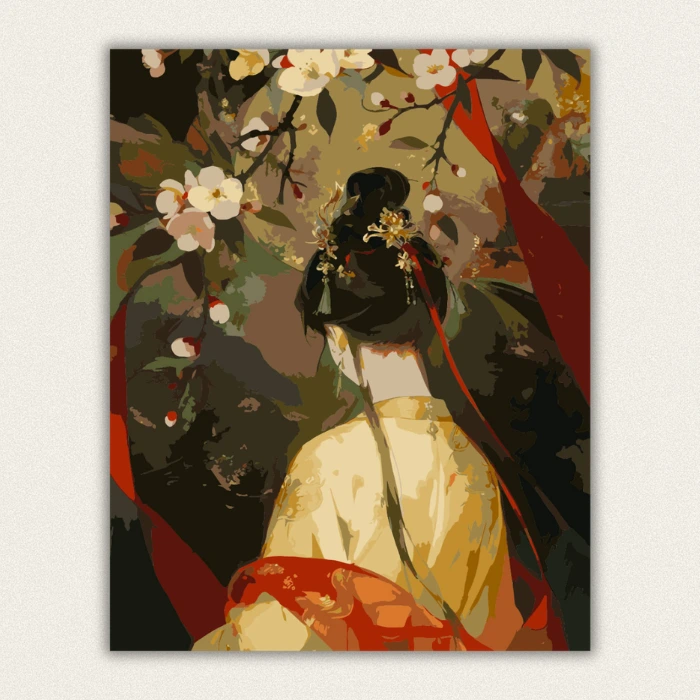 Finished DIY wall art of an elegant Asian woman in traditional yellow dress under cherry blossoms