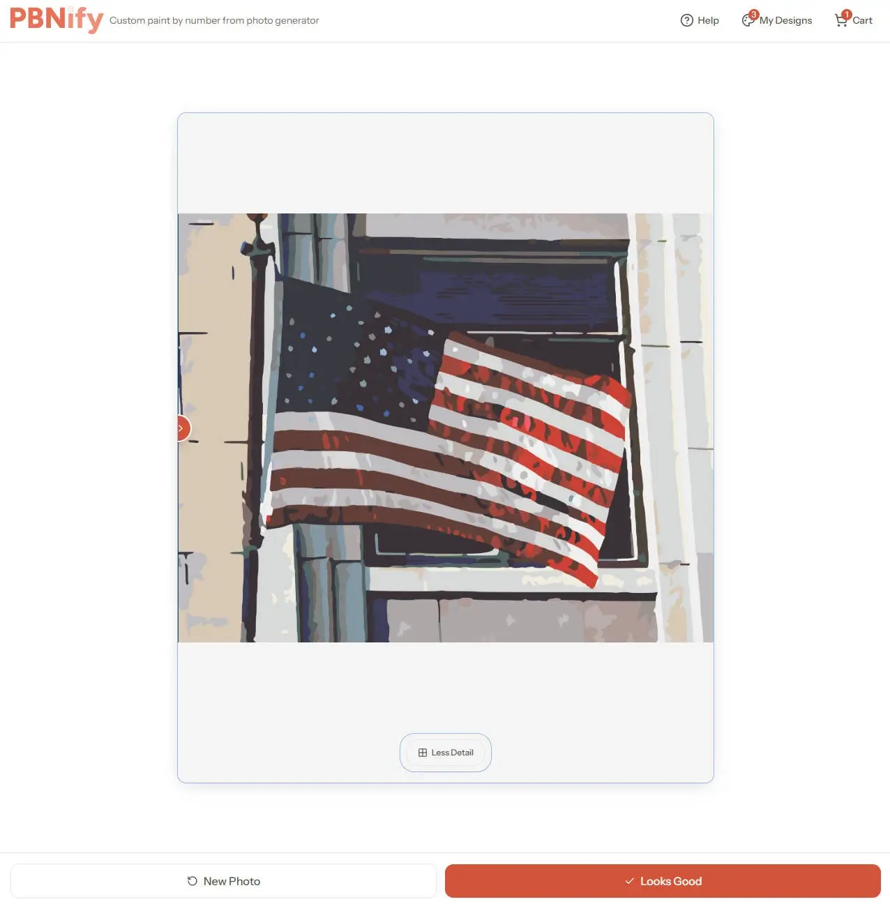 The final colored preview of an American flag generated by the PBNify custom paint by numbers app.