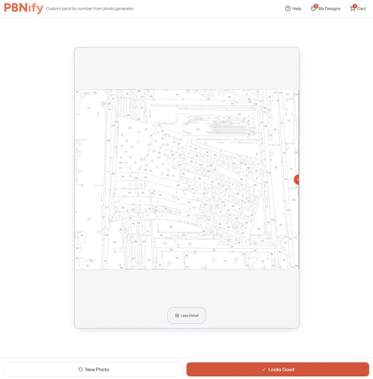 A printable paint by numbers PDF template of an American flag created with the PBNify online tool.