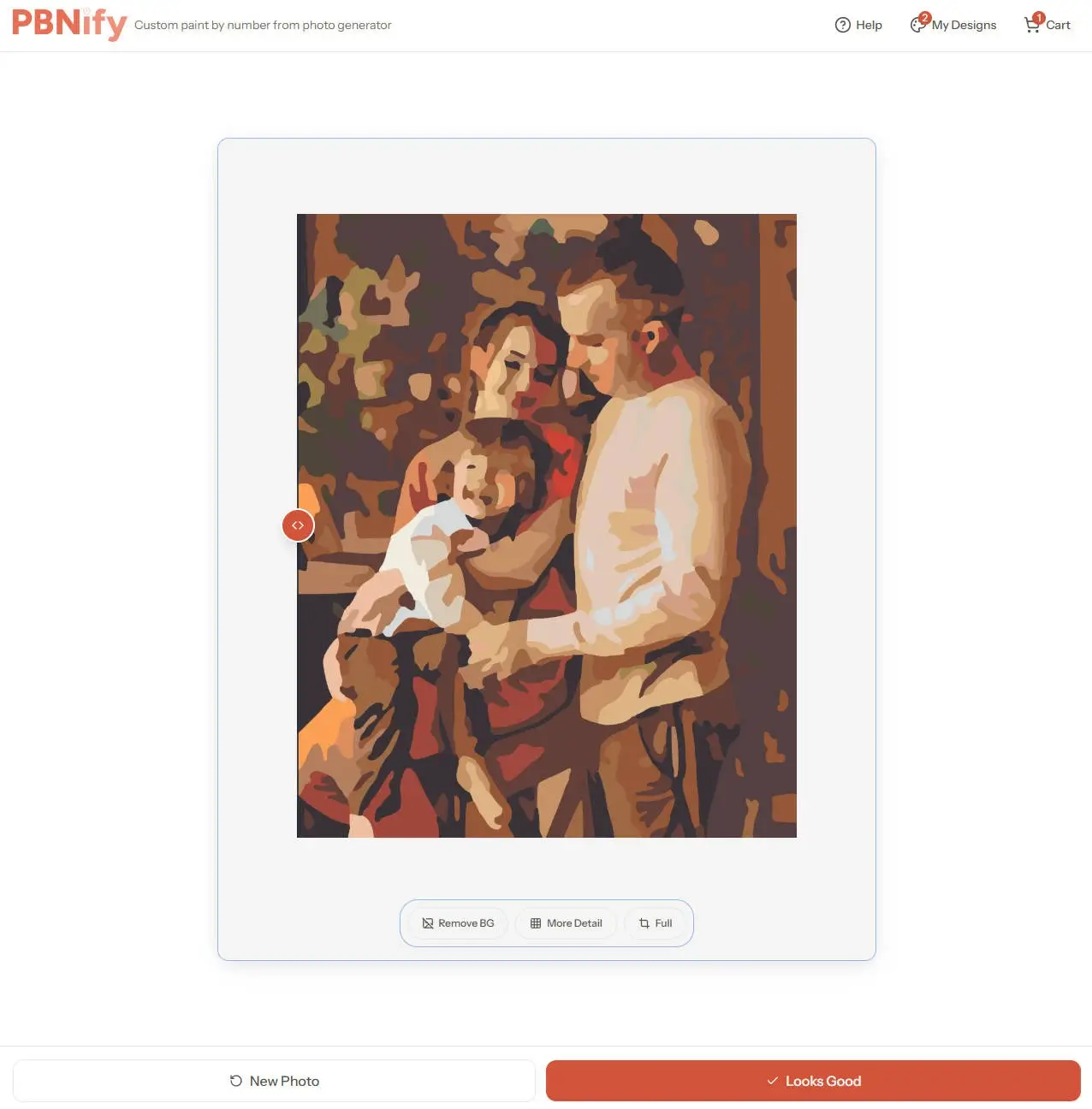 Colored preview showing how a family photo looks after being converted into a paint by numbers design using PBNify.