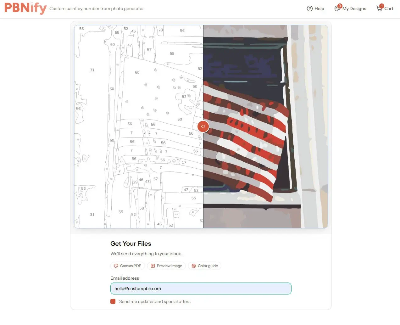 Screenshot of the PBNify download page requiring an email address to receive the custom paint by numbers PDF canvas and color guide.