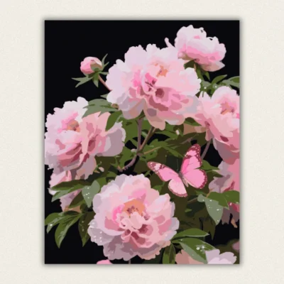 Finished pink peonies and butterfly paint by numbers canvas on black background