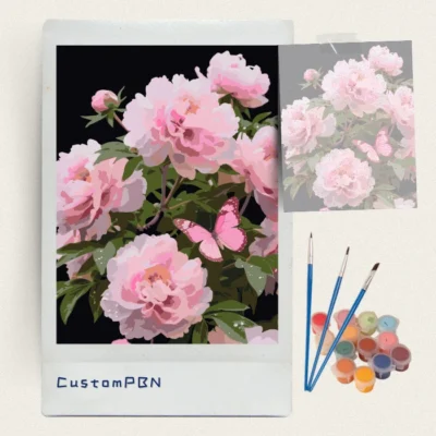 Pink peony and butterfly paint by numbers kit with 24 acrylic colors