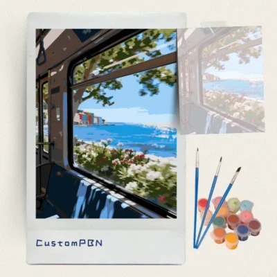 Complete mindful painting craft kit showing a scenic train view template, 24 acrylic colors, and paintbrushes