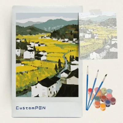 Adult paint by numbers kit with numbered canvas, 24 acrylic paints, and brushes for rural landscape