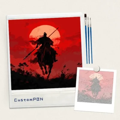 Adult paint by numbers kit with numbered canvas, 24 acrylic paints, and brushes for samurai design