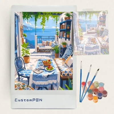 Santorini ocean view balcony paint by numbers kit with 24 colors
