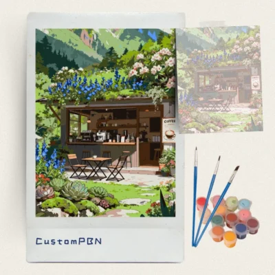 Mountain cafe paint by numbers kit with 24 colors and brushes