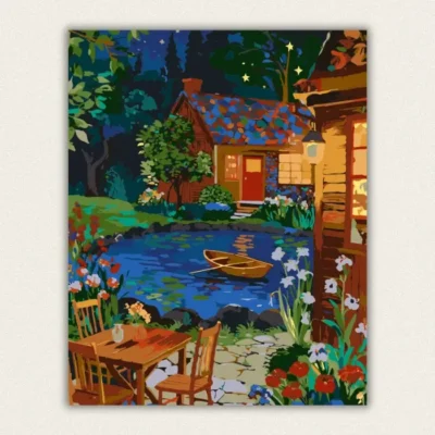 Finished starry night cozy cottage and pond paint by numbers canvas