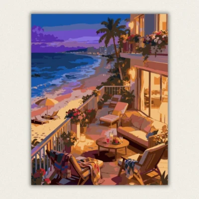 Finished sunset beach balcony ocean view paint by numbers canvas
