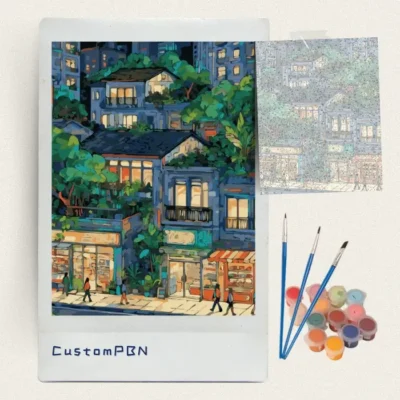 Urban street night DIY paint by numbers kit with acrylic paints and brushes
