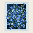 Finished DIY botanical wall art featuring a lush cluster of vibrant blue flowers on a contrasting dark background