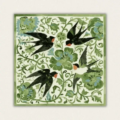 Finished vintage swallows and green floral botanical pattern paint by numbers canvas