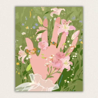 Finished whimsical floral hand with pink lilies paint by numbers canvas