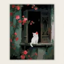 Finished white cat and red flowers paint by numbers canvas art