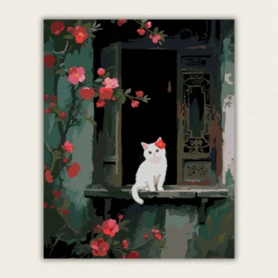 Finished white cat and red flowers paint by numbers canvas art