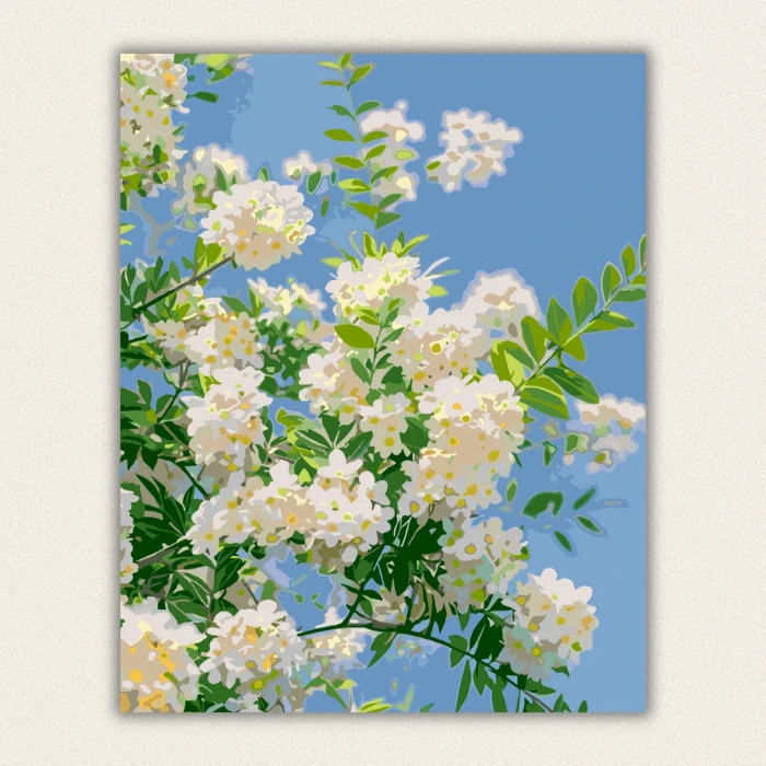 Finished white spring flowers paint by numbers canvas against blue sky