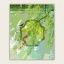Finished DIY botanical wall art of a serene spring garden with green willow branches, red blossoms, and a small swallow on a traditional window