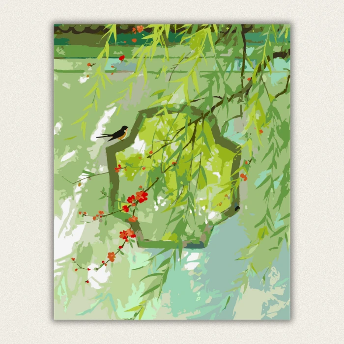 Finished DIY botanical wall art of a serene spring garden with green willow branches, red blossoms, and a small swallow on a traditional window