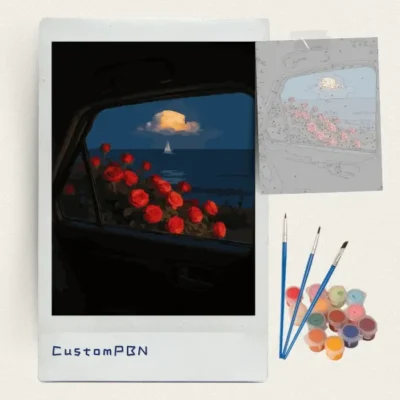 CustomPBN ocean and roses paint by numbers kit including the 16x20 numbered canvas, 24 paints, and three brushes.