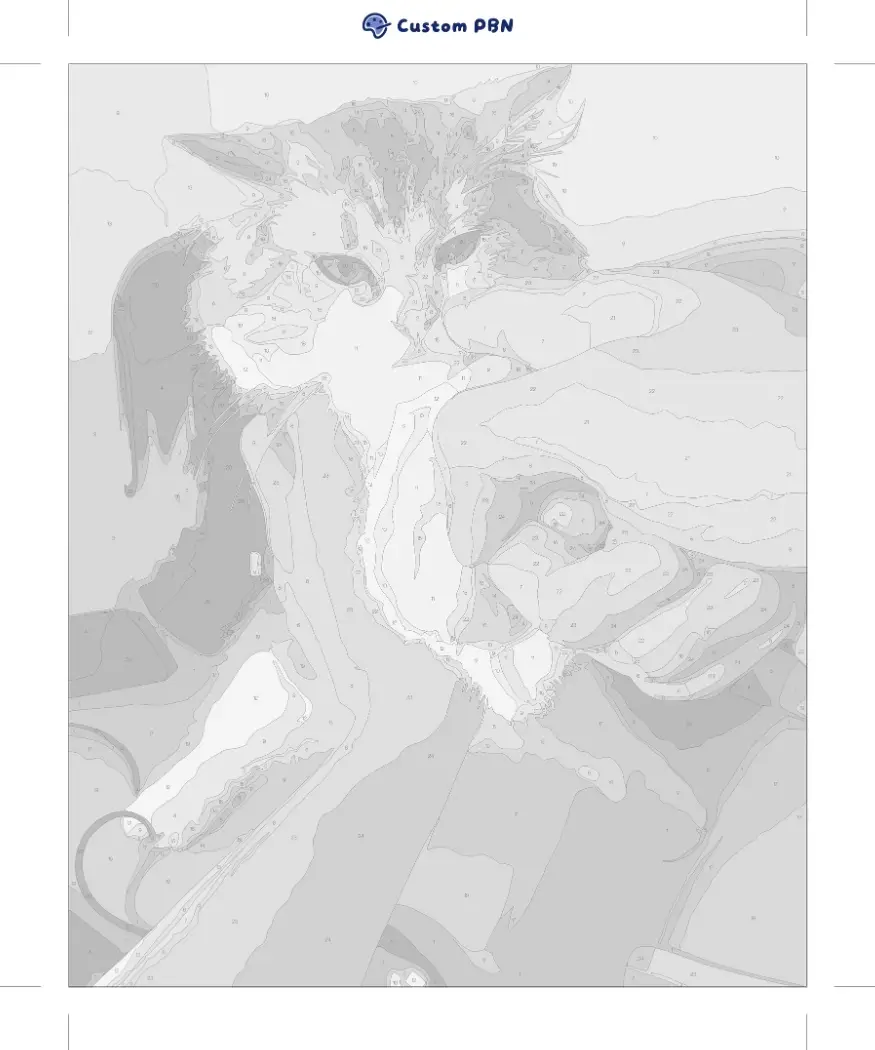 Digital preview of a traditional black and white custom paint by number canvas featuring a highly detailed cat outline.