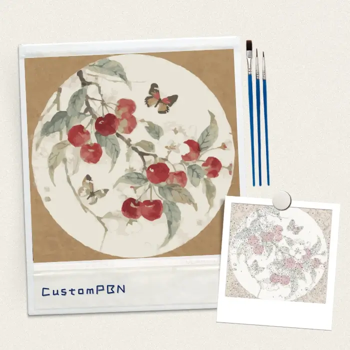 CustomPBN vintage cherries paint by numbers kit including the 16x16 numbered canvas, 24 paints, and three brushes.