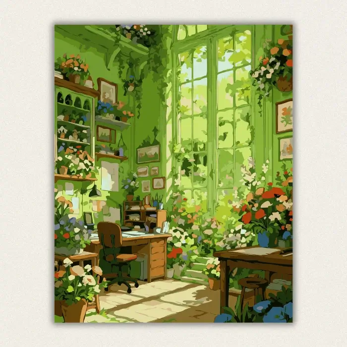 Sunlit botanical greenhouse room paint by numbers for adults finished canvas.