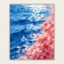 Finished paint by numbers canvas of pink cherry blossoms over shimmering blue water