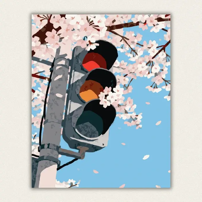 Finished cherry blossom and traffic light paint by numbers for adults