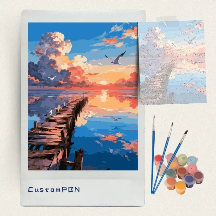 Sunset pier paint by numbers kit with canvas, 24 acrylic paints, and brushes