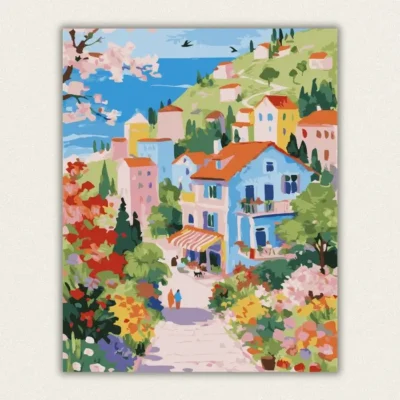Finished coastal village seaside paint by numbers for adults