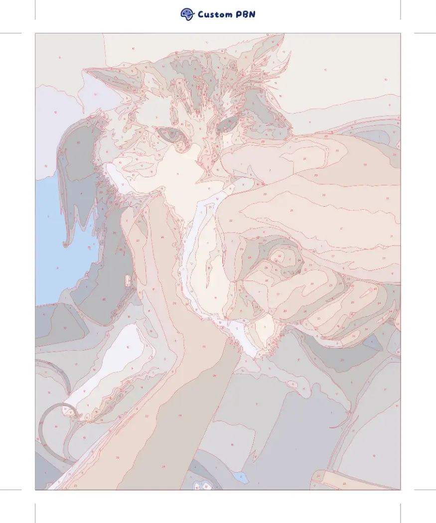 Digital preview of a color-tinted custom paint by number canvas showing a cat design with numbered colored sections.