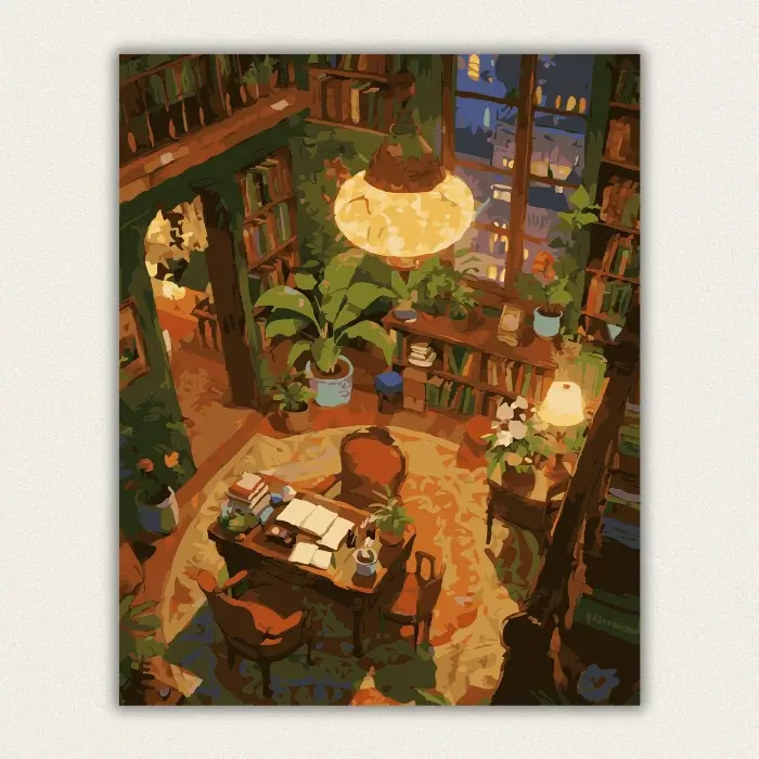 Cozy night library and study room paint by numbers for adults finished artwork.
