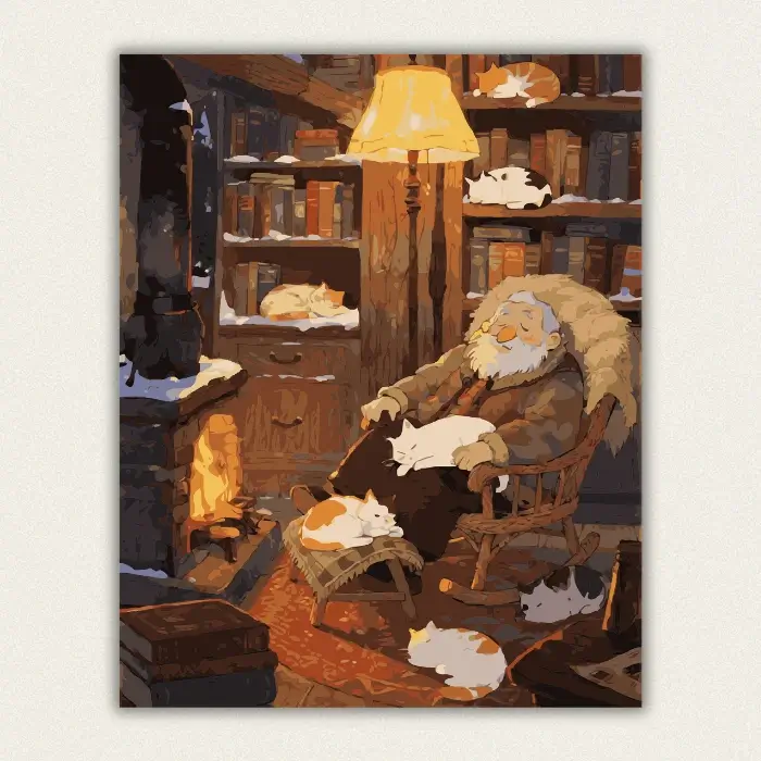Cozy winter sleeping man with cats paint by numbers for adults finished canvas.