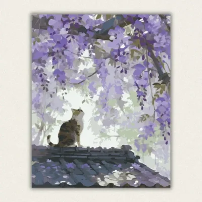 Finished paint by number of a cat and wisteria on a Japanese roof