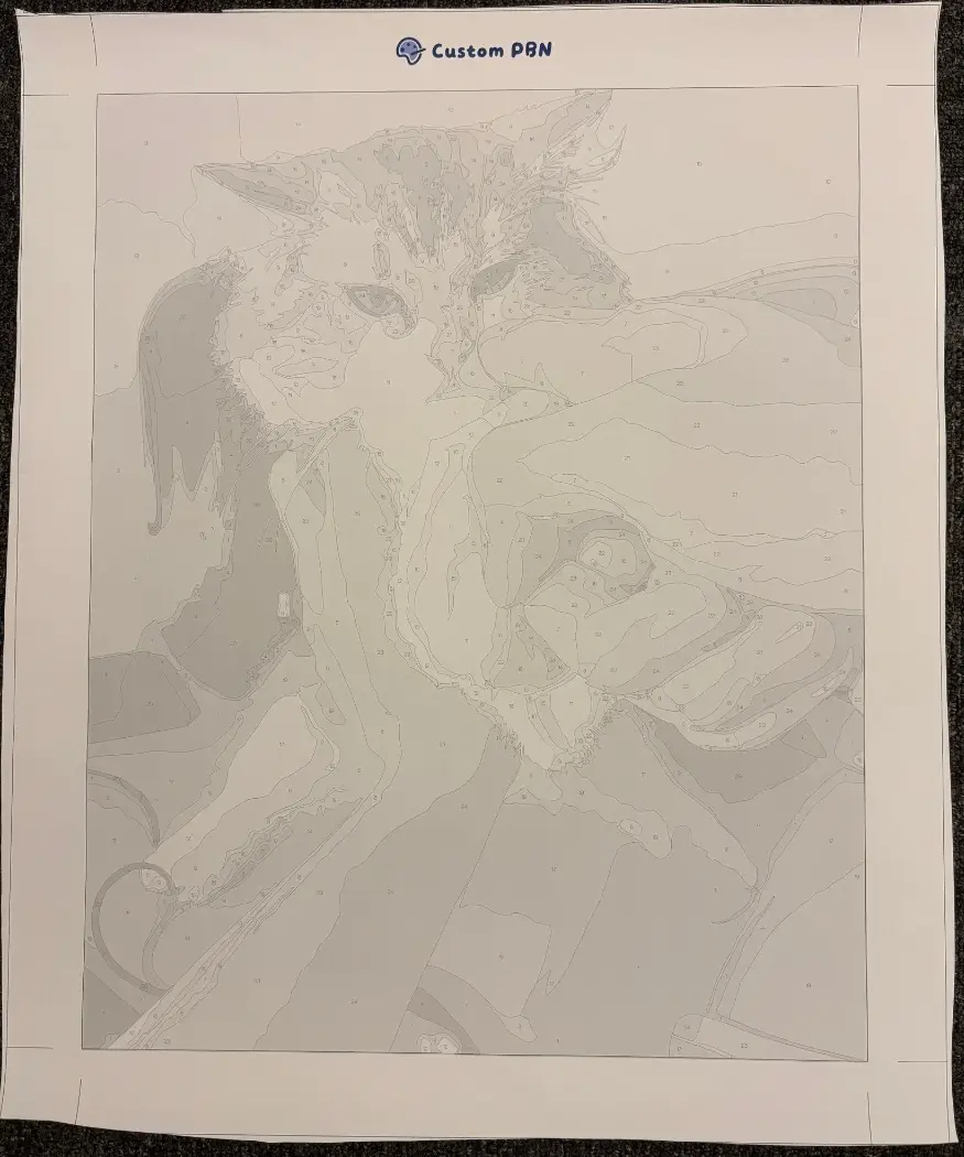 Classic black and white custom paint by number canvas showing a detailed outline of a cat.