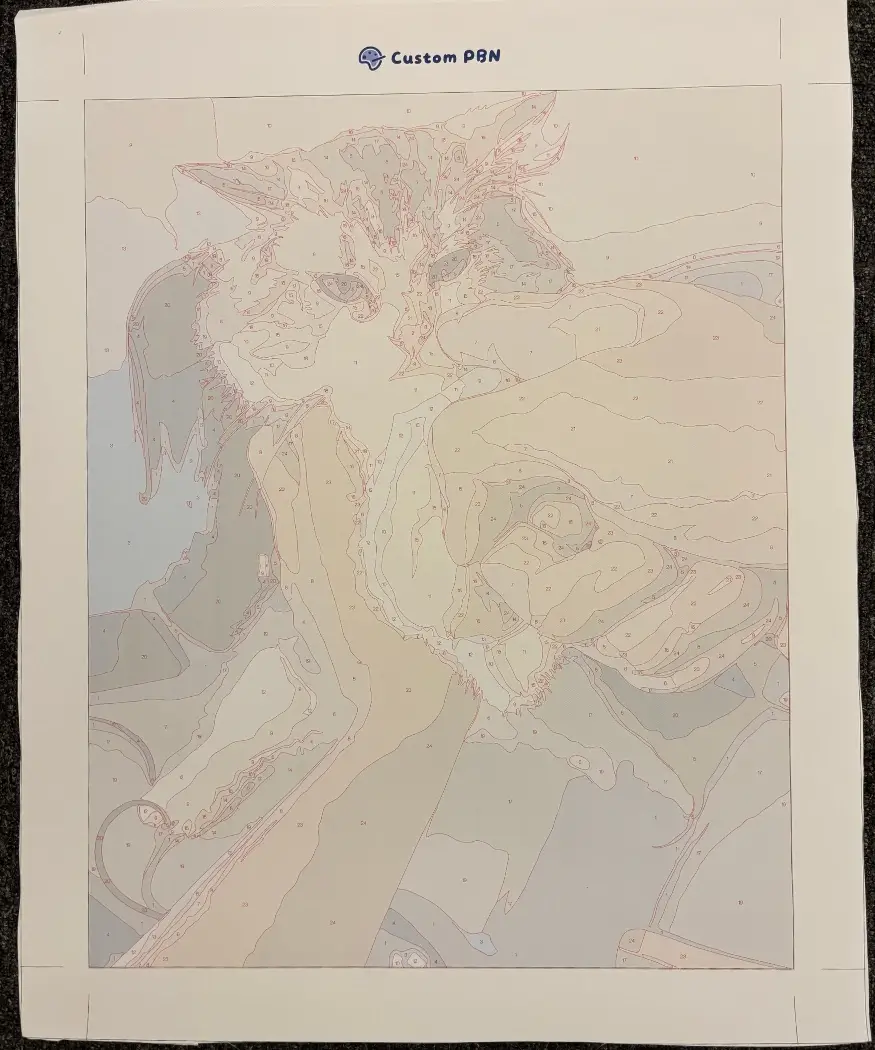 Color-tinted custom paint by number canvas featuring a cat, with subtle colored backgrounds to help match paints easily.