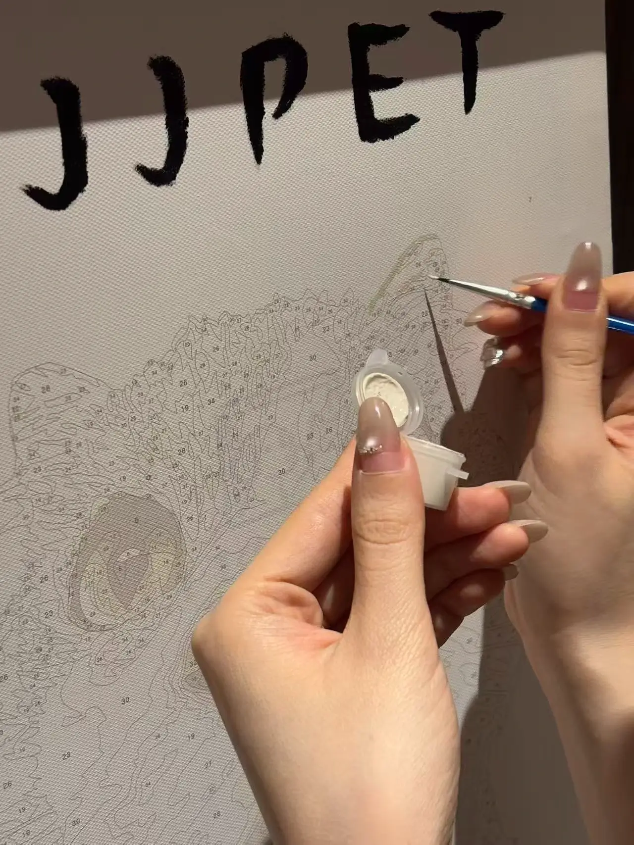 Blank numbered canvas of a custom pet paint by number kit, showing a person holding a small paint pot and brush ready to begin painting a cat.