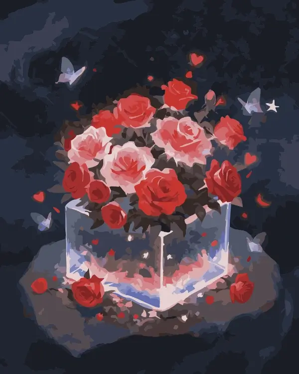 Custom paint by numbers canvas showing red and pink roses in a glowing square glass vase with butterflies.