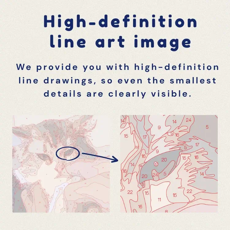 Infographic highlighting the high-definition line art of a Custom PBN kit. A close-up view of a custom cat portrait canvas shows crisp outlines and clearly readable numbers for painting tiny details.