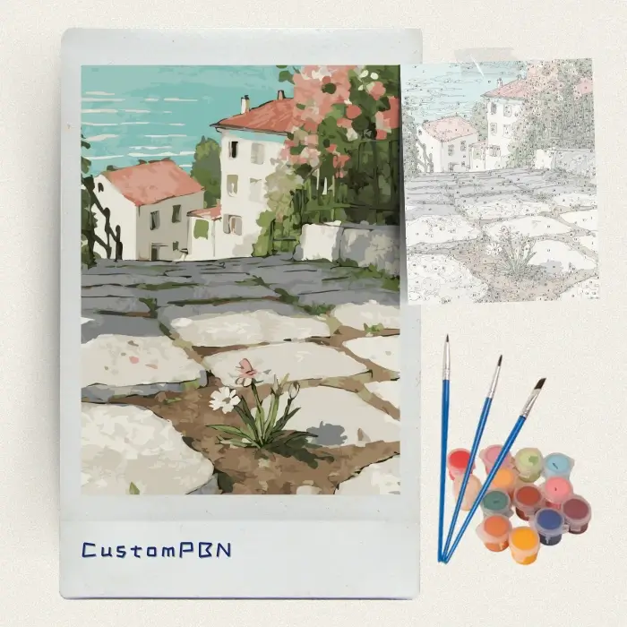 CustomPBN paint by numbers kit with Mediterranean town canvas, 3 brushes, and 24 acrylic colors