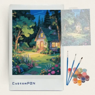 CustomPBN paint by numbers kit with woodland cottage canvas, 3 brushes, and 24 acrylic colors