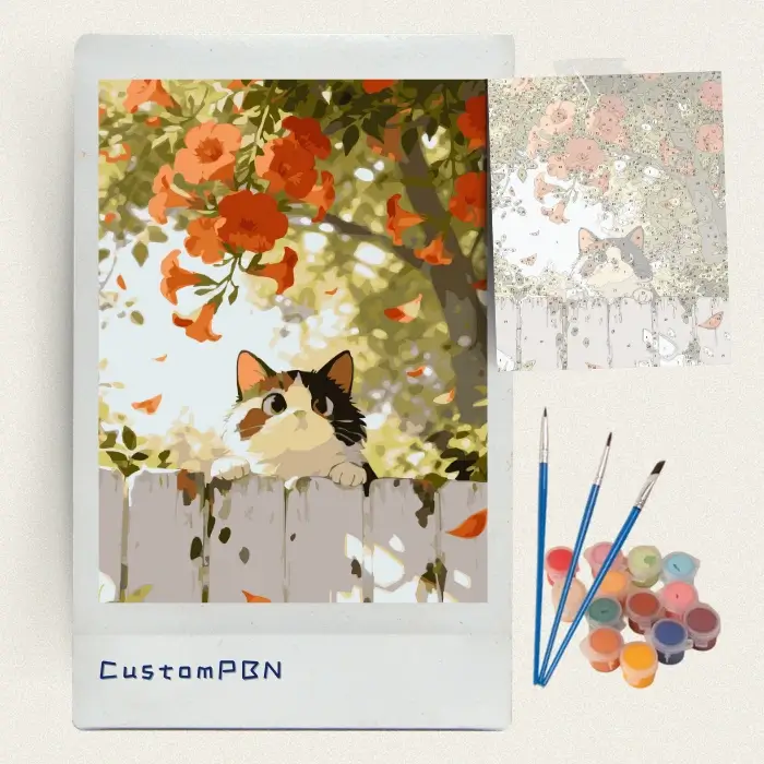 CustomPBN paint by numbers kit with cute cat canvas, 3 brushes, and 24 acrylic colors